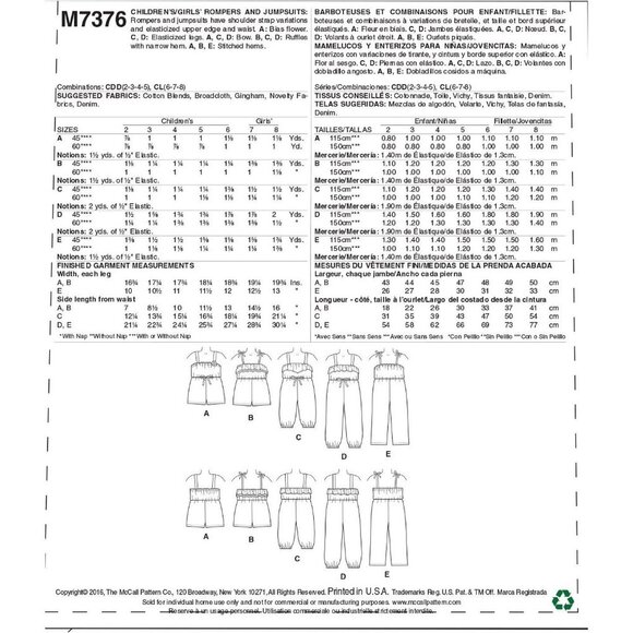 McCalls M7376 Girls Romper & Jumpsuit Sewing Pattern Sizes 2-5 - Picture 2 of 2